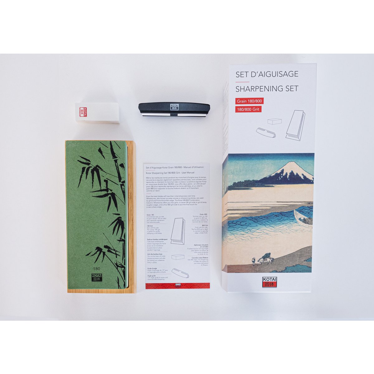 Messen- en keukenaccessoireset - De complete set Deluxe Edition (A): 6 messen (schilmesje + santoku + gyuto + fileermes + broodmes + hakmes) + 3 accessoires (magnetische bamboe messenhouder + bamboe snijplank + slijpset 180/ korrel 800)