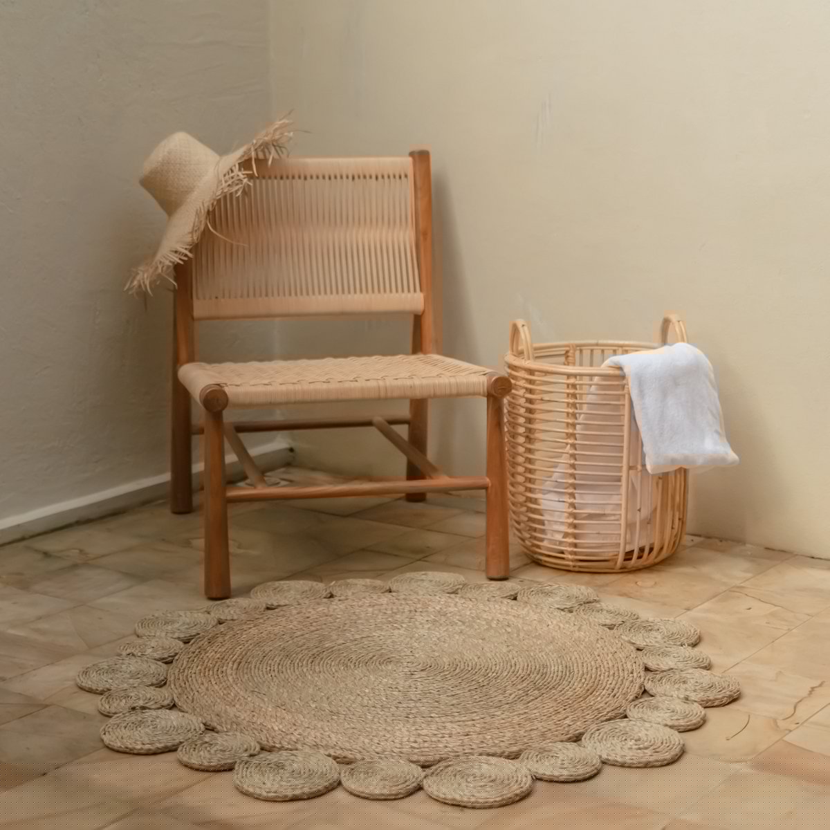 Rond Waterhyacint Vloerkleed 90/110 cm LAORA Geweven Tapijt Beige (2 maten)