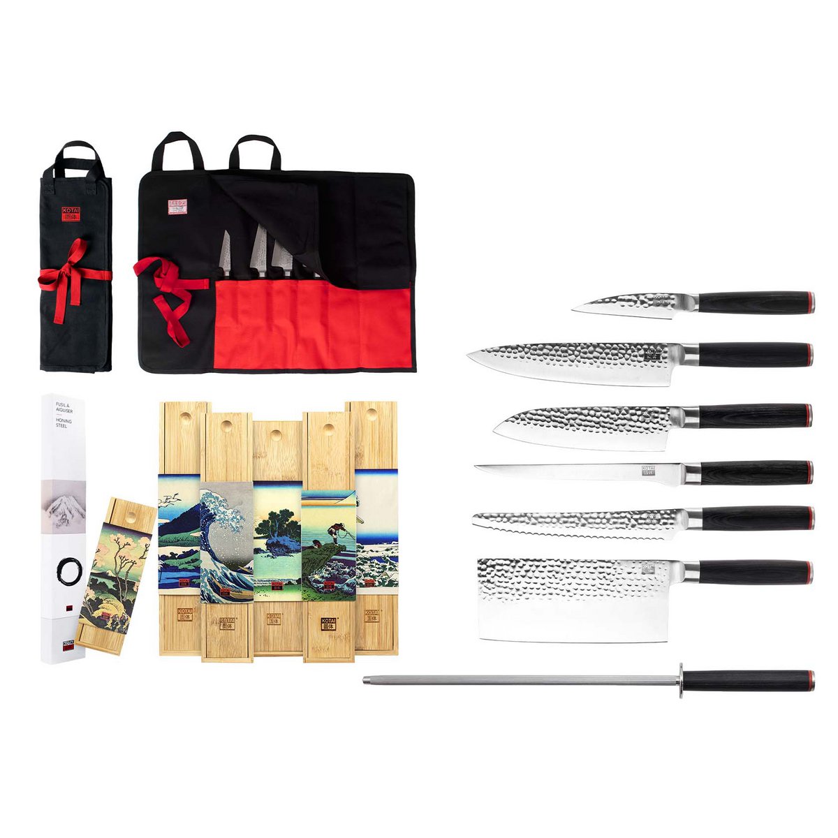 Messen- en keukenaccessoireset - De complete set Traveler Edition (B): 6 messen (schilmesje + santoku + gyuto + fileermes + broodmes + hakmes) + 2 accessoires (aanzetstaal + 100% katoenen oprolmessenzak)