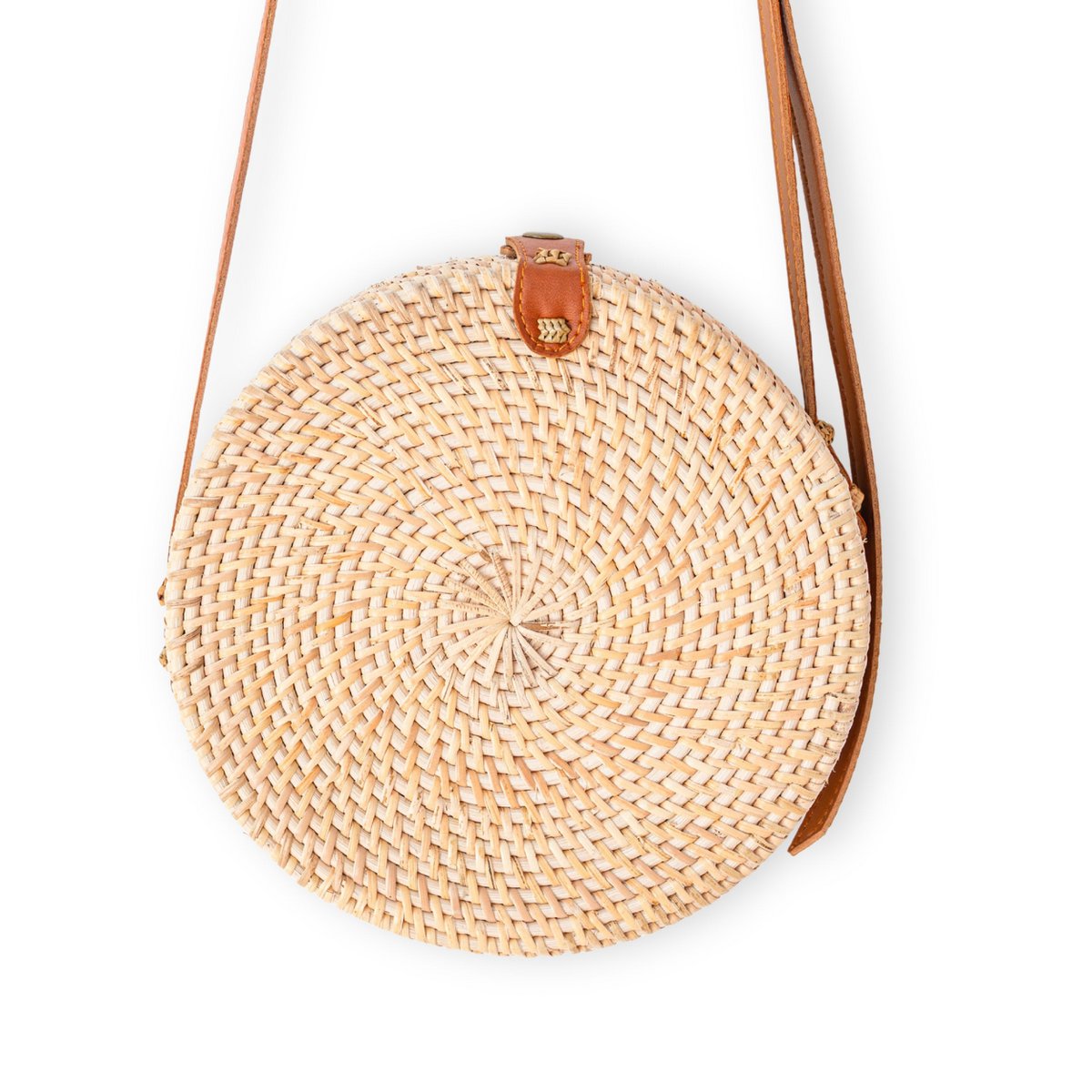 Ronde rotan tas beige handgemaakte crossbody tas met synthetische lederen riemen schoudertas Boho Bali tas SENJA (natuurlijk)