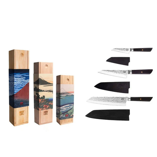 Messenset - De Bunka Essential Set: 3 messen (Bunka Schilmesje 90 mm + Bunka Petty 135 mm + Kiritsuke 210 mm) - elk mes wordt geleverd met een bamboedoos en een magnetische Saya