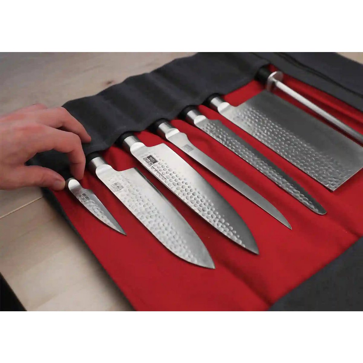 Keukenaccessoires - KOTAI oprolbare zak voor messen - topnerfleder en gewaxt canvas (8 messen + accessoires)