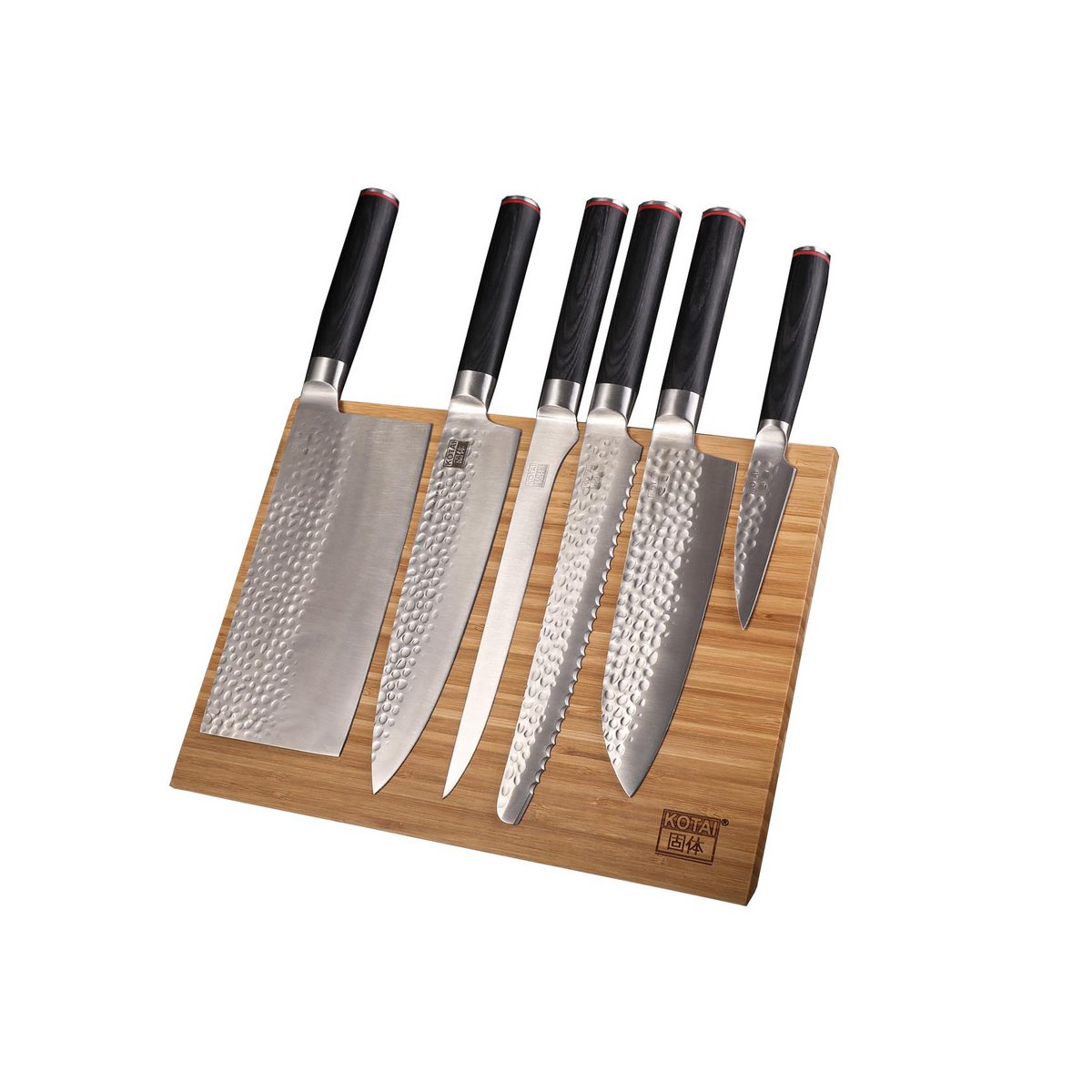 Messen- en keukenaccessoireset - De complete set Deluxe Edition (A): 6 messen (schilmesje + santoku + gyuto + fileermes + broodmes + hakmes) + 3 accessoires (magnetische bamboe messenhouder + bamboe snijplank + slijpset 180/ korrel 800)