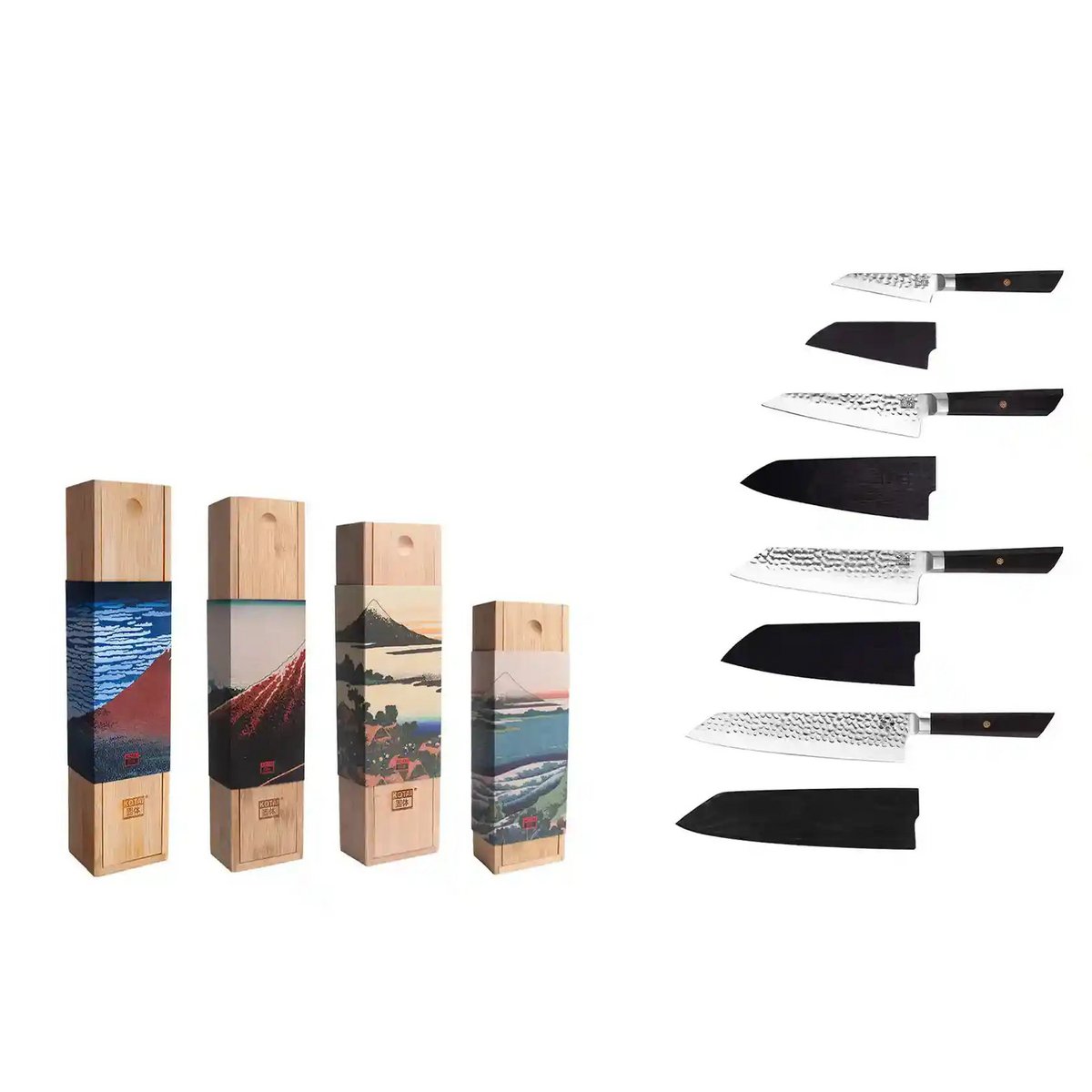Messenset - De Bunka Complete Set: 4 messen (Bunka Schilmes 90 mm + Bunka Petty 135 mm + Bunka Santoku 170 mm + Kiritsuke 210 mm) - elk mes wordt geleverd met zijn bamboedoos en zijn magnetische saya