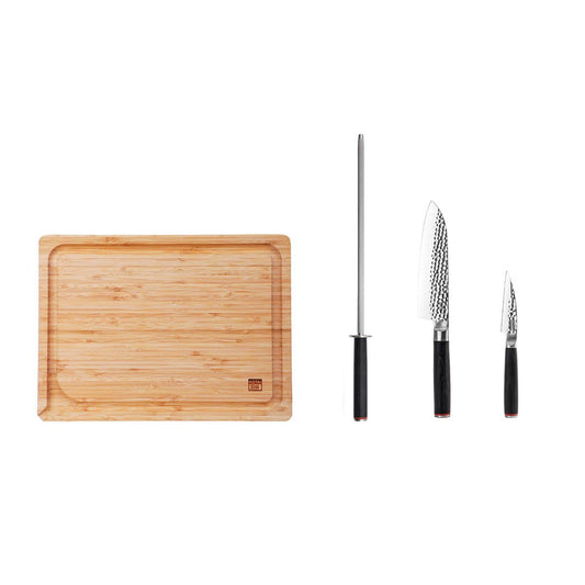 Messen en Keuken Accessoires Set - De Starter Set Deluxe Edition (B): 2 messen (schilmesje + Santoku) + 2 accessoires (aanzetstaal + bamboe snijplank)
