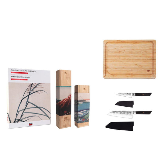 Messen en Keuken Accessoires Set - Bunka Starter Set Deluxe: 2 messen (Bunka schilmesje + Bunka Santoku) + bamboe snijplank