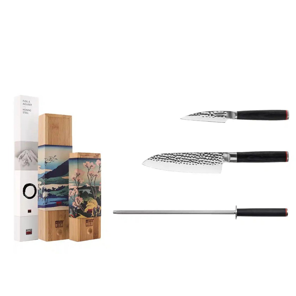 Messen- en keukenaccessoireset - De Starterset Deluxe Edition (A): 2 messen (schilmesje + santoku) + aanzetstaal