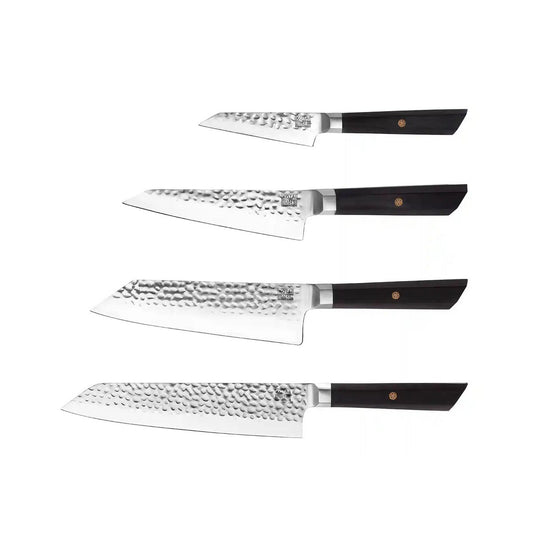 Messenset - De Bunka Complete Set: 4 messen (Bunka Schilmes 90 mm + Bunka Petty 135 mm + Bunka Santoku 170 mm + Kiritsuke 210 mm) - elk mes wordt geleverd met zijn bamboedoos en zijn magnetische saya