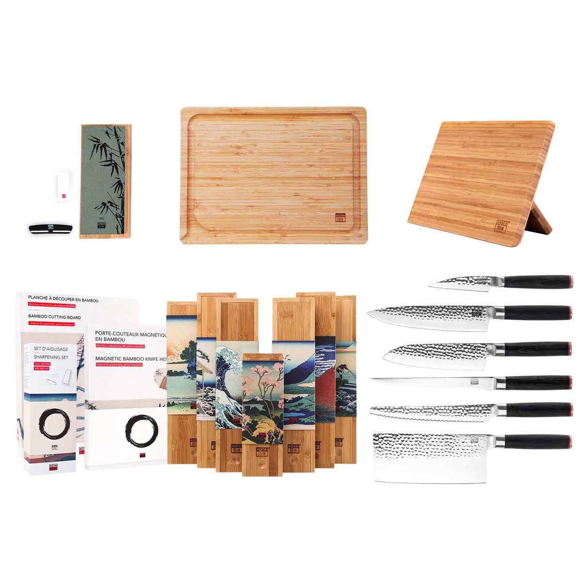 Messen- en keukenaccessoireset - De complete set Deluxe Edition (A): 6 messen (schilmesje + santoku + gyuto + fileermes + broodmes + hakmes) + 3 accessoires (magnetische bamboe messenhouder + bamboe snijplank + slijpset 180/ korrel 800)