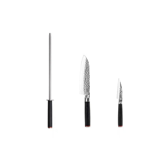 Messen- en keukenaccessoireset - De Starterset Deluxe Edition (A): 2 messen (schilmesje + santoku) + aanzetstaal