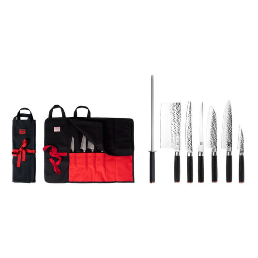 Messen- en keukenaccessoireset - De complete set Traveler Edition (B): 6 messen (schilmesje + santoku + gyuto + fileermes + broodmes + hakmes) + 2 accessoires (aanzetstaal + 100% katoenen oprolmessenzak)