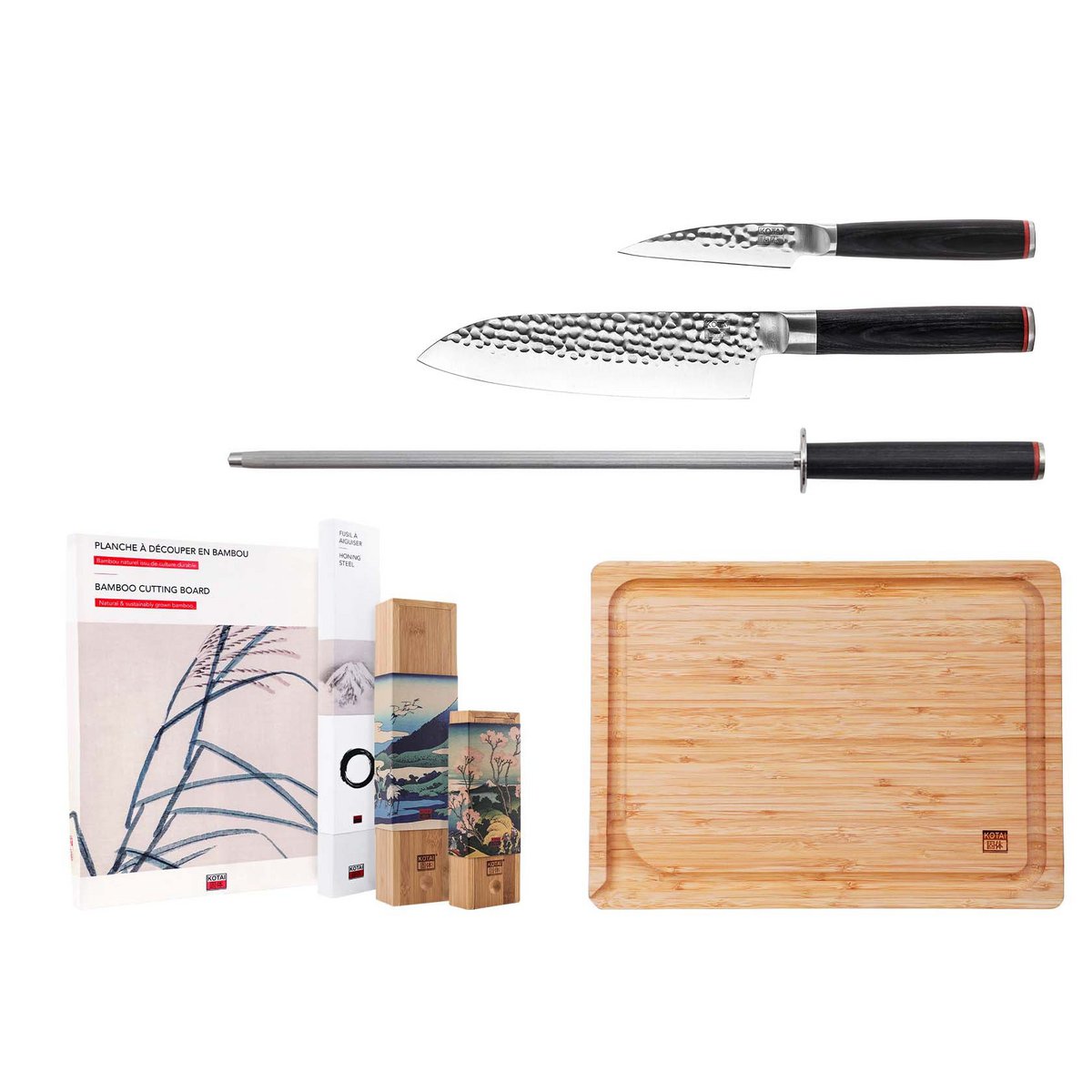 Messen en Keuken Accessoires Set - De Starter Set Deluxe Edition (B): 2 messen (schilmesje + Santoku) + 2 accessoires (aanzetstaal + bamboe snijplank)