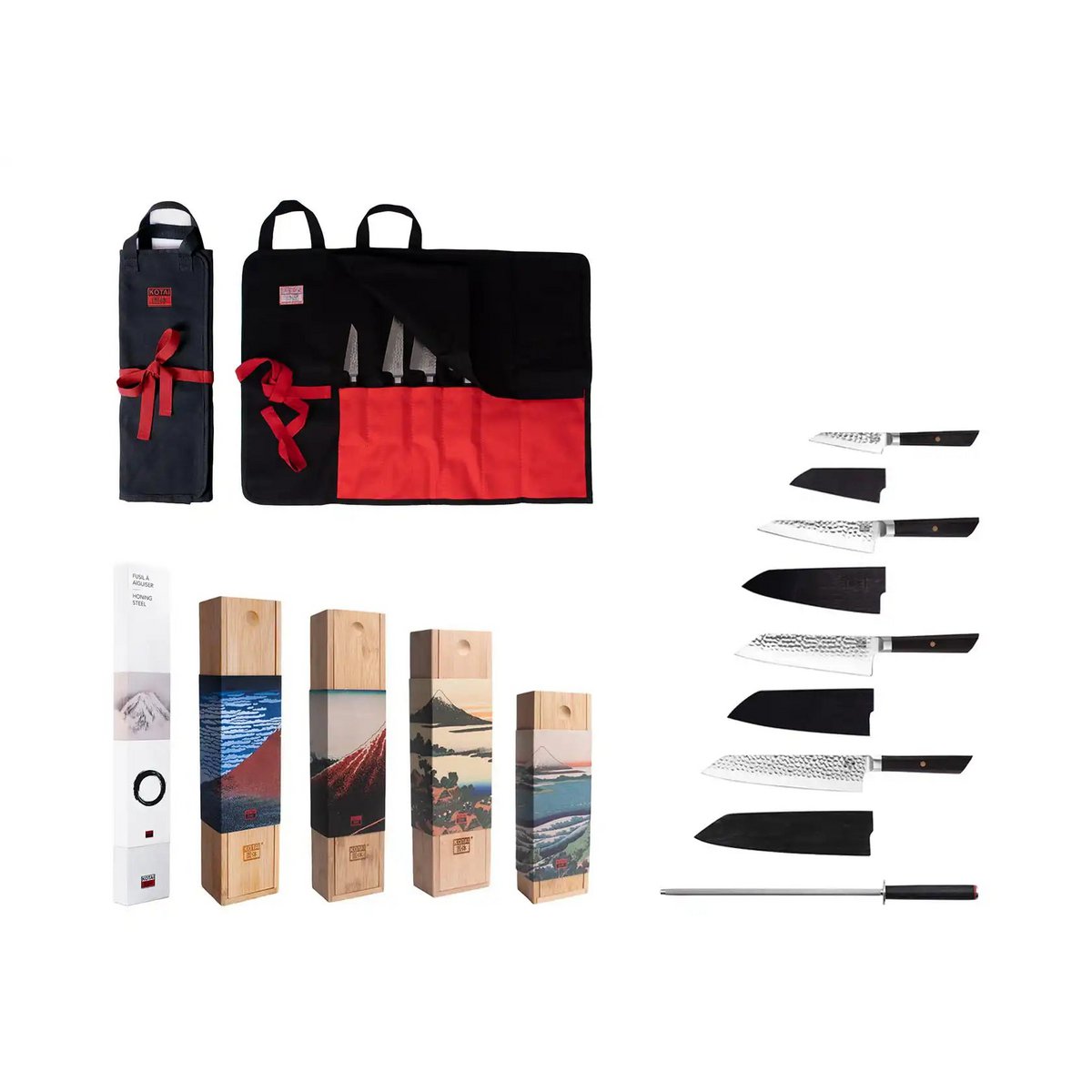 Messen- en keukenaccessoireset - Bunka Complete Set Deluxe (C): 4 messen (Bunka officemes + Bunka Petty + Bunka Santoku + Kiritsuke) + 2 accessoires (100% katoenen oprolmessenzak + aanzetstaal)