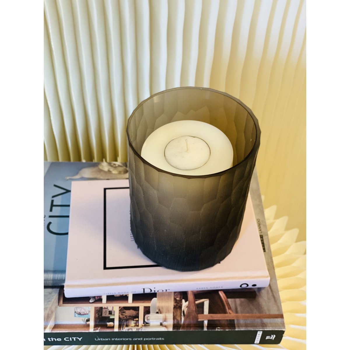 THEELICHTHOUDER (handgeslepen glazen pot)