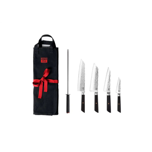 Messen- en keukenaccessoireset - Bunka Complete Set Deluxe (C): 4 messen (Bunka officemes + Bunka Petty + Bunka Santoku + Kiritsuke) + 2 accessoires (100% katoenen oprolmessenzak + aanzetstaal)