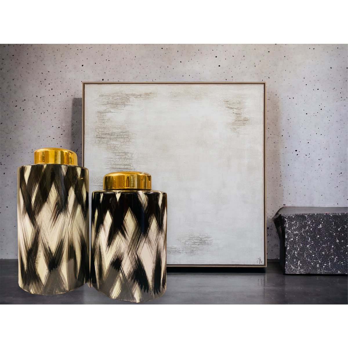 Keramiek Pot Groot Zwart wit, gouden denksel