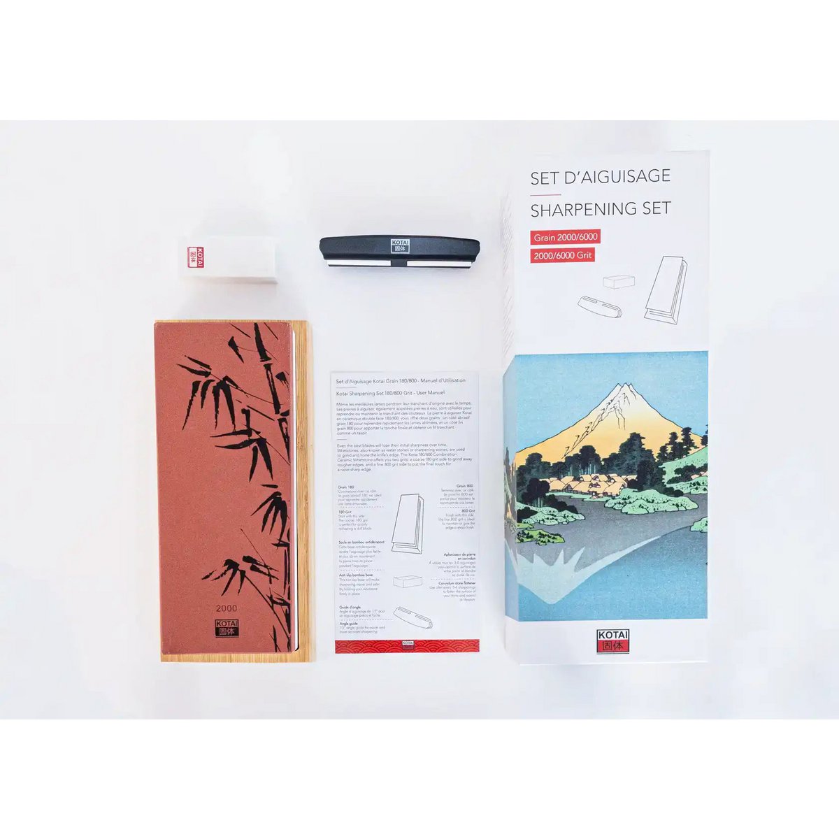 Keukenaccessoires - KOTAI slijpset met dubbelzijdige slijpsteen korrel 2000/6000, antislip bamboe voet, pletsteen en 15 graden hoekgeleider