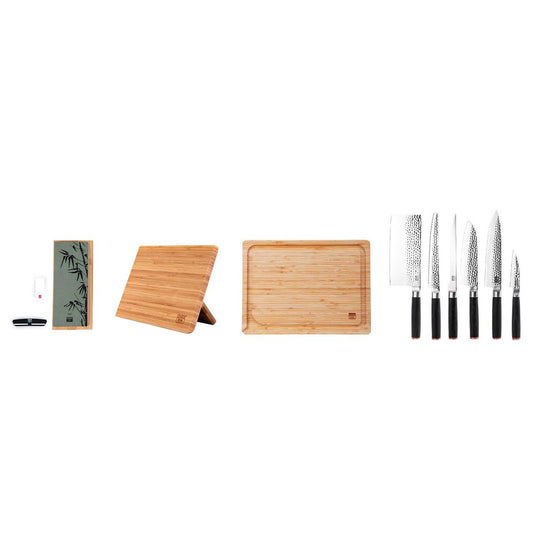 Messen- en keukenaccessoireset - De complete set Deluxe Edition (A): 6 messen (schilmesje + santoku + gyuto + fileermes + broodmes + hakmes) + 3 accessoires (magnetische bamboe messenhouder + bamboe snijplank + slijpset 180/ korrel 800)
