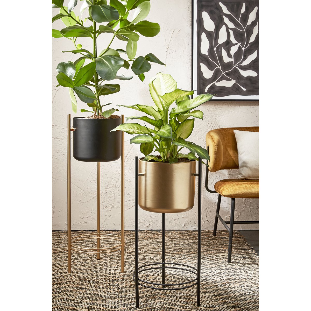 Sverre Bloempot op Standaard - H81 x Ø27 cm - Zwart, Goud