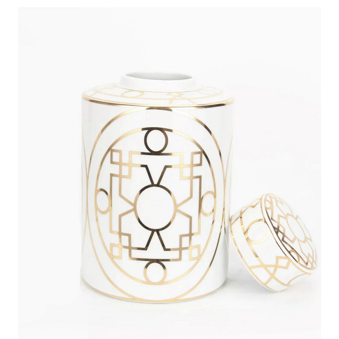 Keramiek Klein 9998-12 Wit en goud abstracte keramische pot met deksel