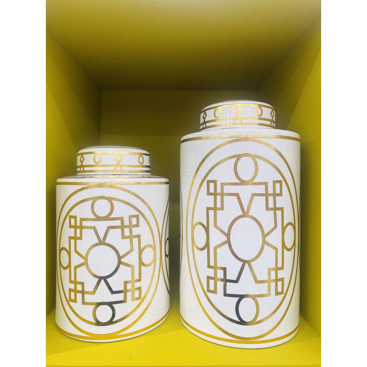 Keramiek Klein 9998-12 Wit en goud abstracte keramische pot met deksel