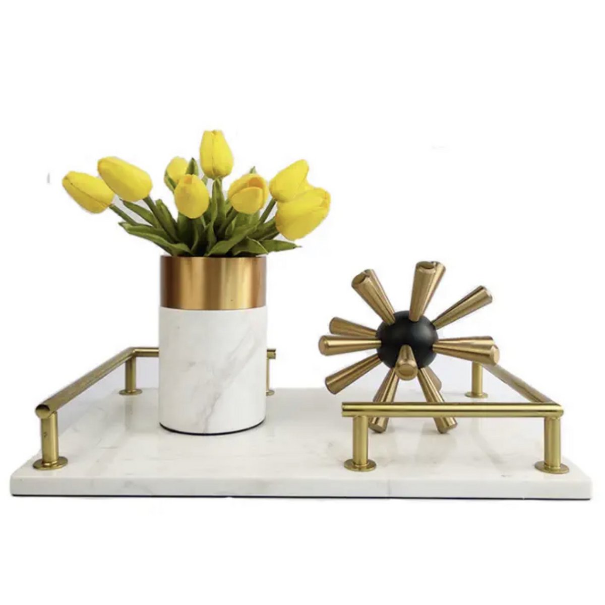 Marmeren dienblad met goudkleurige handgrepen, rechthoekig