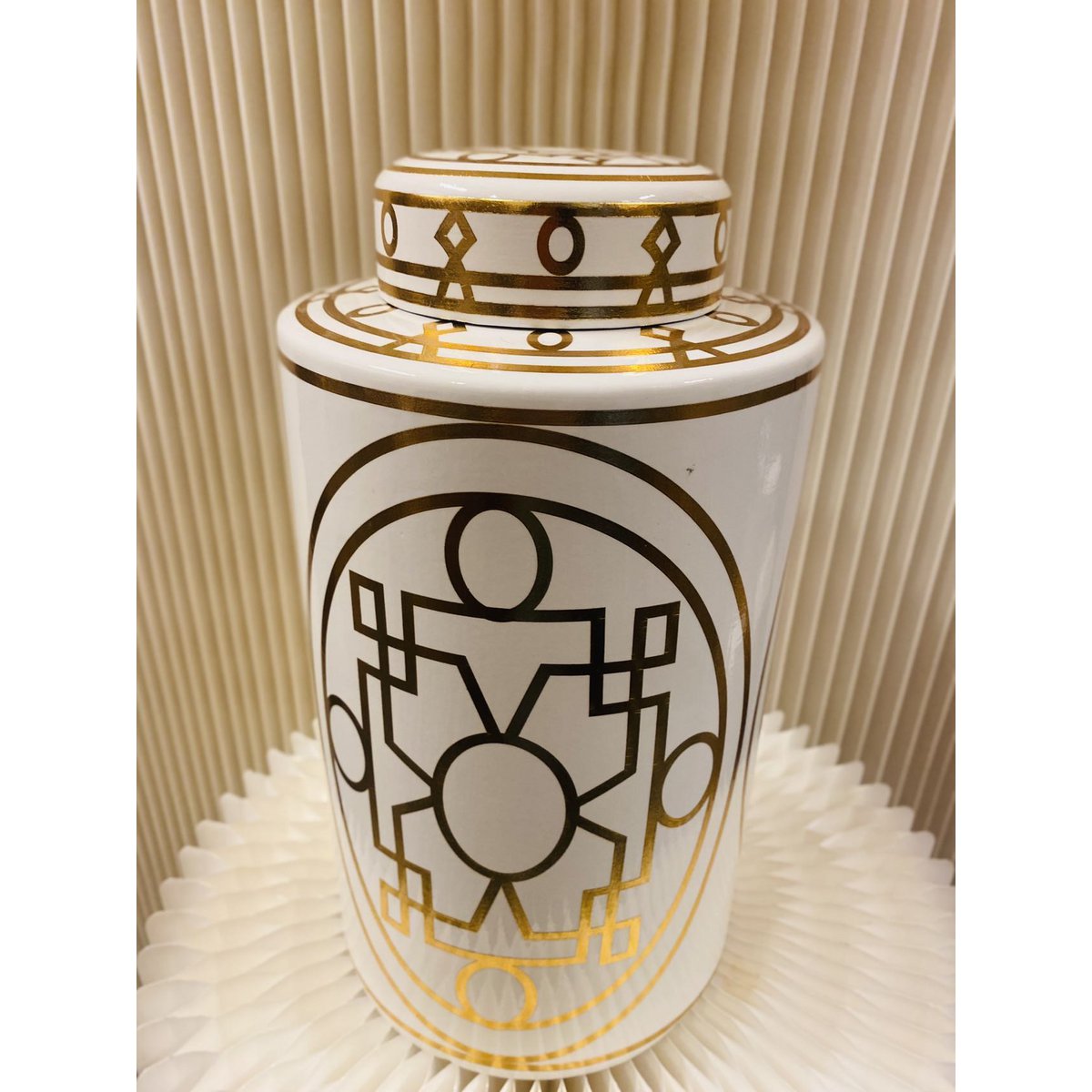 Keramiek Klein 9998-12 Wit en goud abstracte keramische pot met deksel