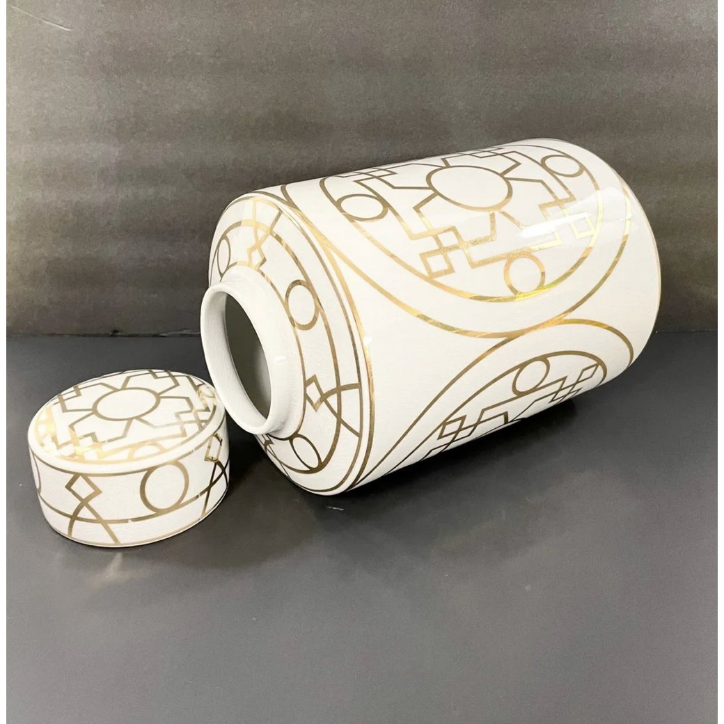 Keramiek Klein 9998-12 Wit en goud abstracte keramische pot met deksel