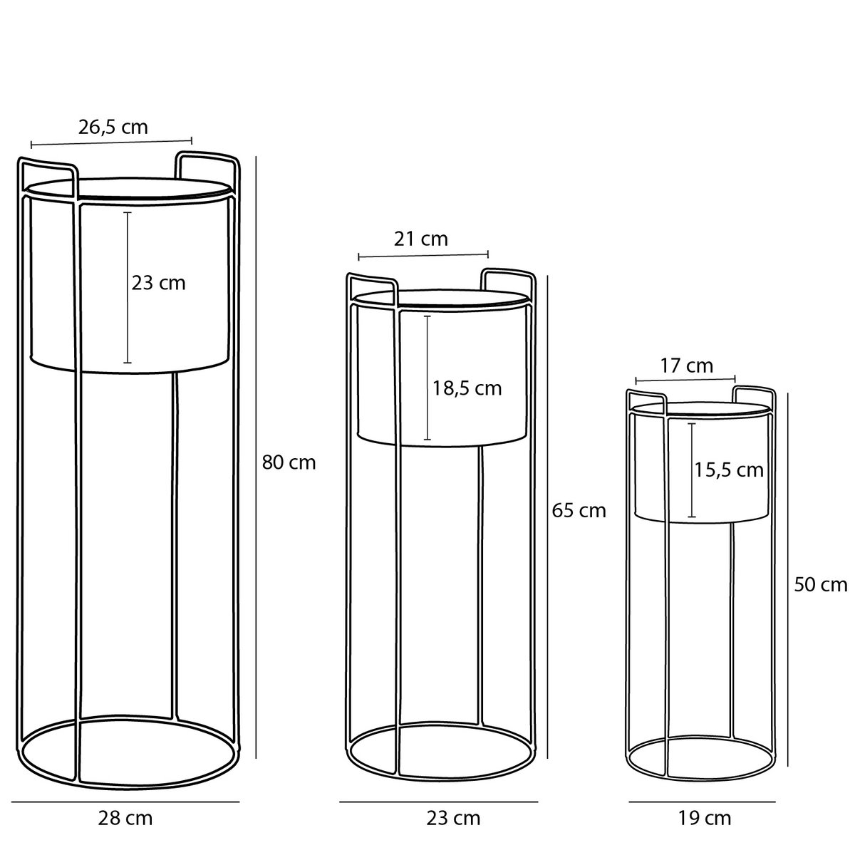 Favani Bloempot op Standaard - Set van 3 - H80 x Ø28 cm - Metaal - Goud