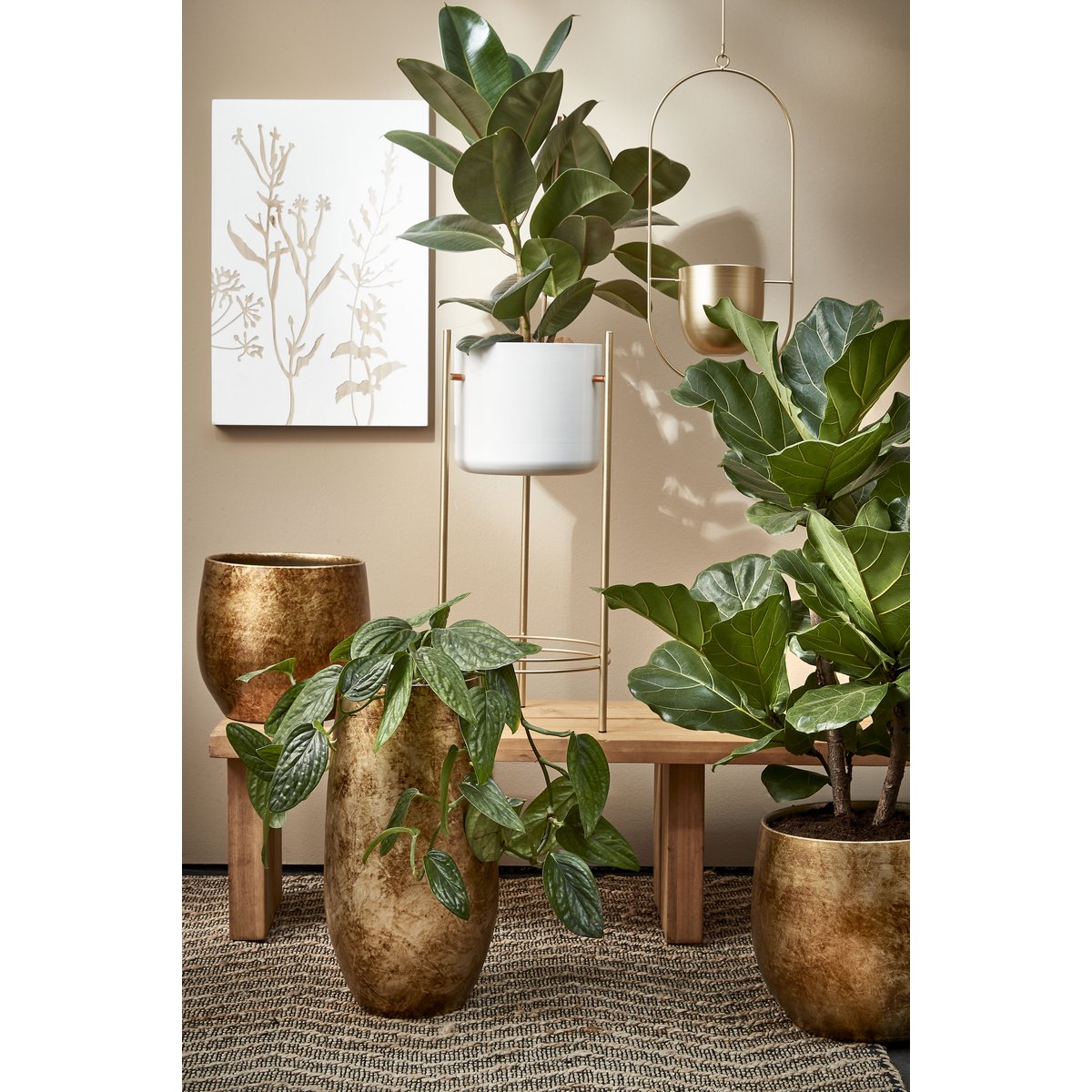 Sverre Bloempot op Standaard - H66 x Ø28 cm - Wit, Goud