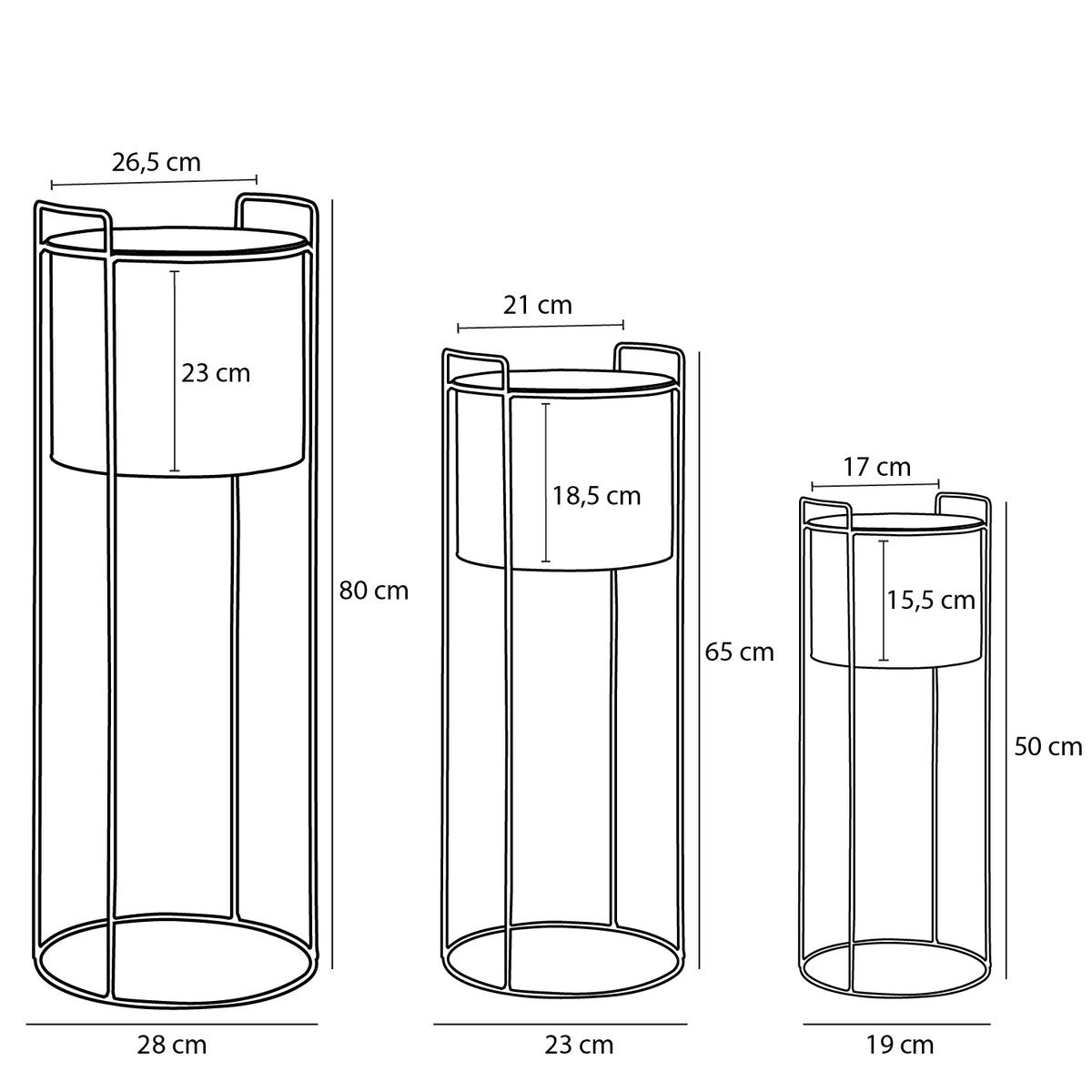 Favani Bloempot op Standaard - Set van 3 - H80 x Ø28 cm - Metaal - Zwart